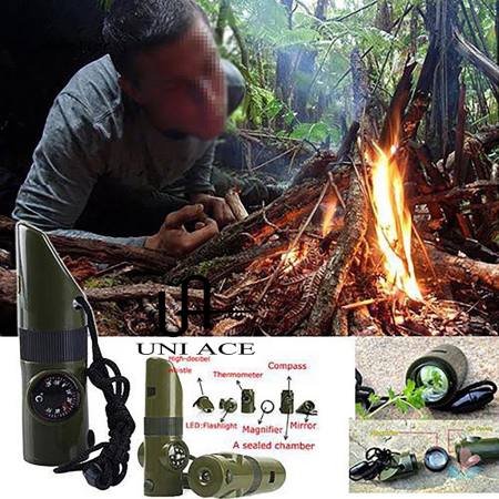 7 in 1 outdoor survival tool whistle compass led flashlight