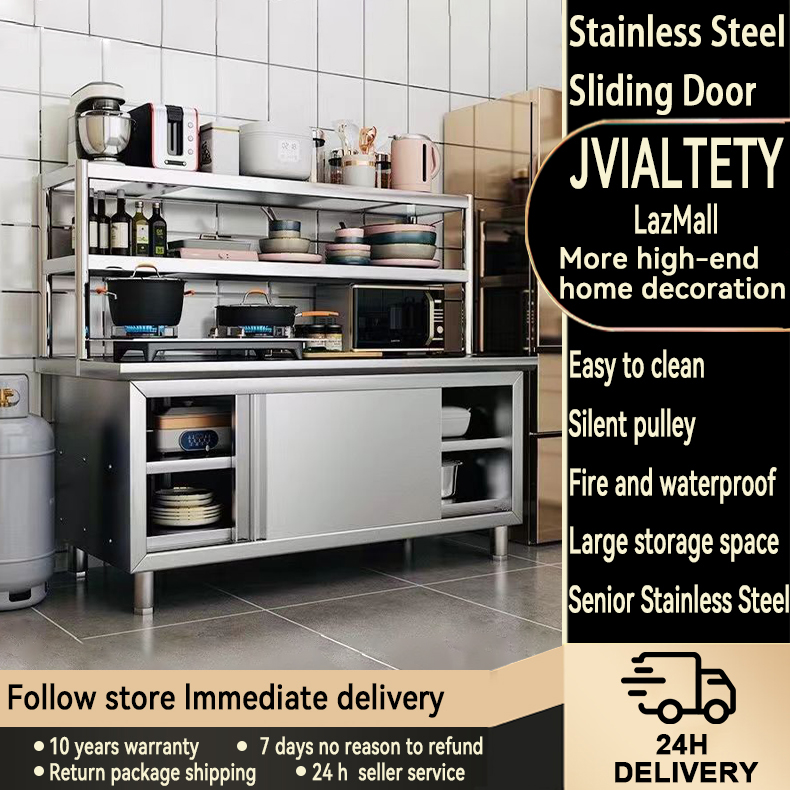 JVIALTETY Kitchen Workbench 304 Thickened Stainless Steel Workbench Kitchen Cabinet Sliding Door Integrated Cabine Workbench with bracket