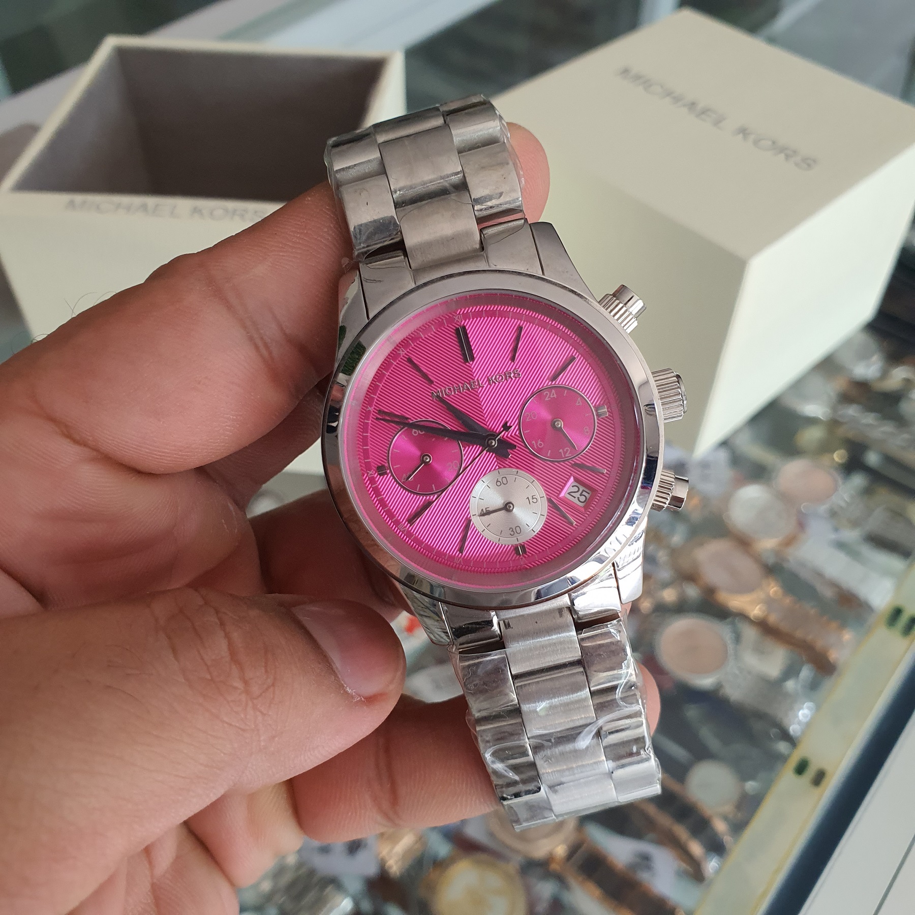 Ladies Michael Kors Slim Runway Pink Coated Stainless Steel Bracelet Watch  MK4414  REEDS Jewelers