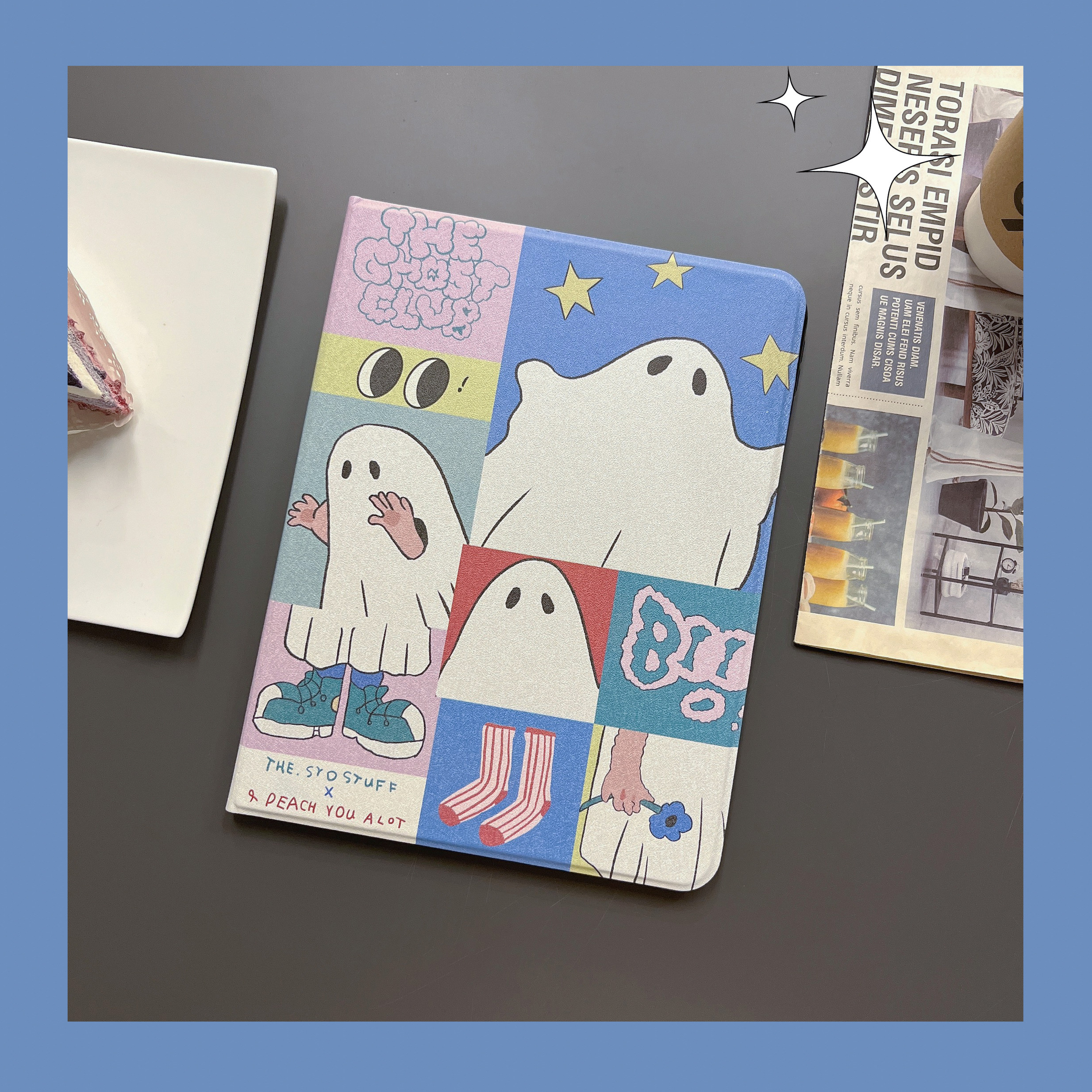 iPad Case Gen9 Gen11 Air6 with Pencil Holder Case Air7 Gen10 Retro Ghost cute Blue for iPad Pro11/13