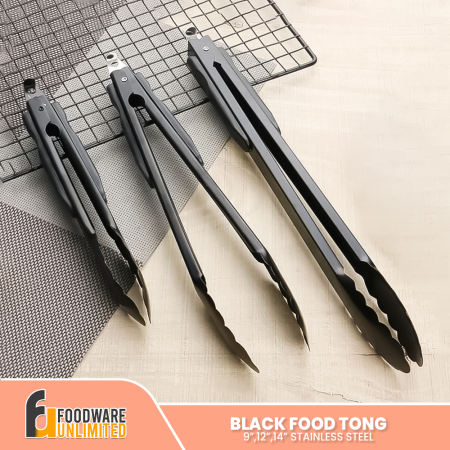 Multipurpose Stainless Steel Food tongs long handle 9/12/14 Inch Non-Slip Handle Black Cooking and Serving Tongs Bread