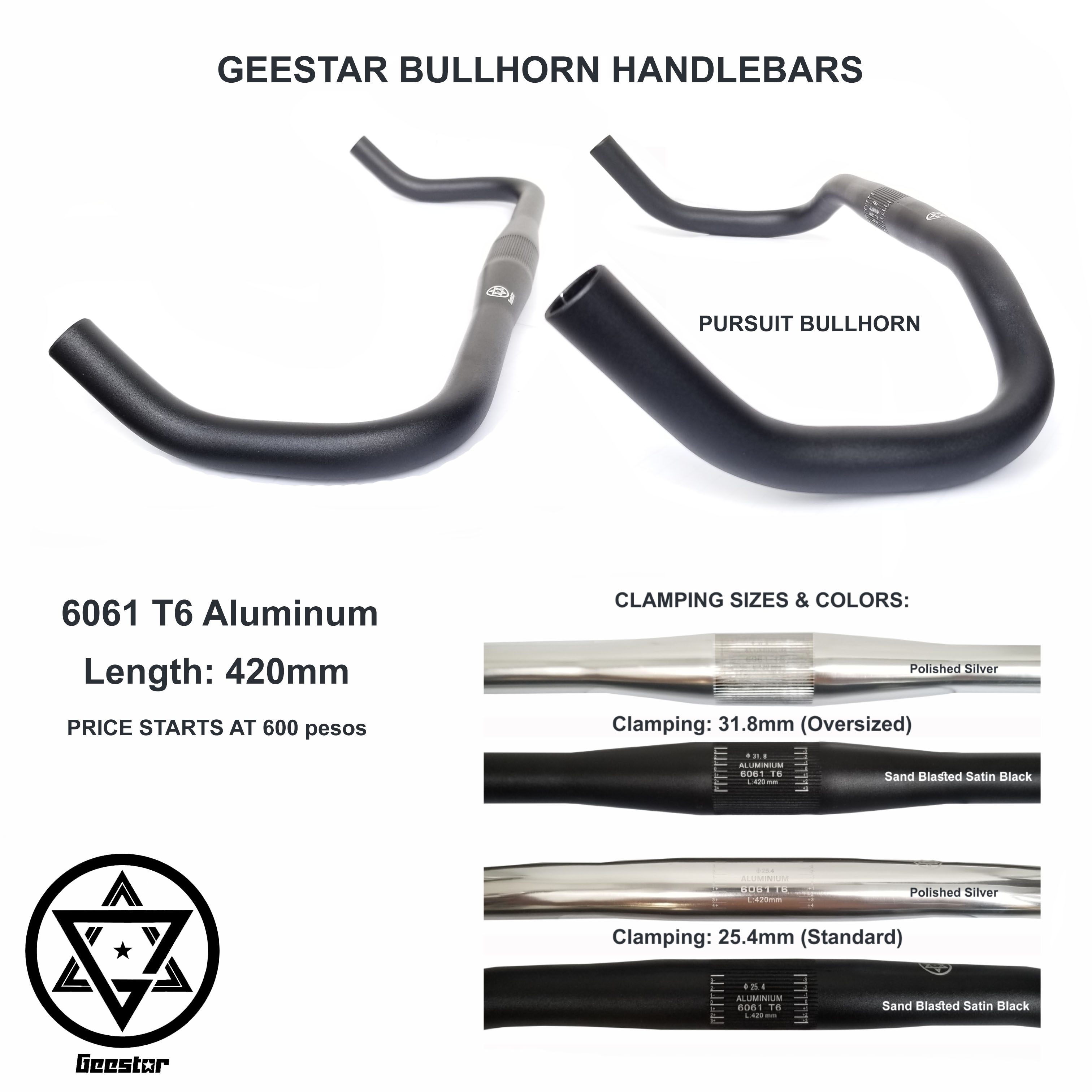 Venzo Bullhorn Handlebars For Fixie Bikes - 25.4mm Clamp, 455mm Width, Lightweight Alloy 6061, Matte Black
