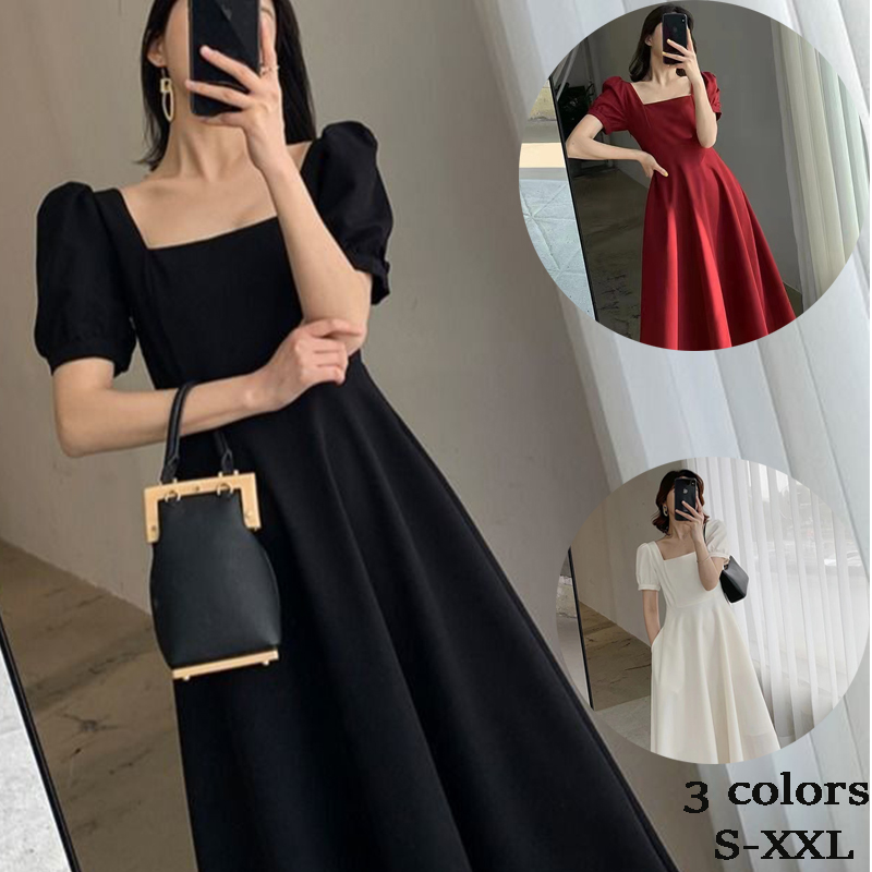 High quality Korean style Dress casual Square Neck Derss