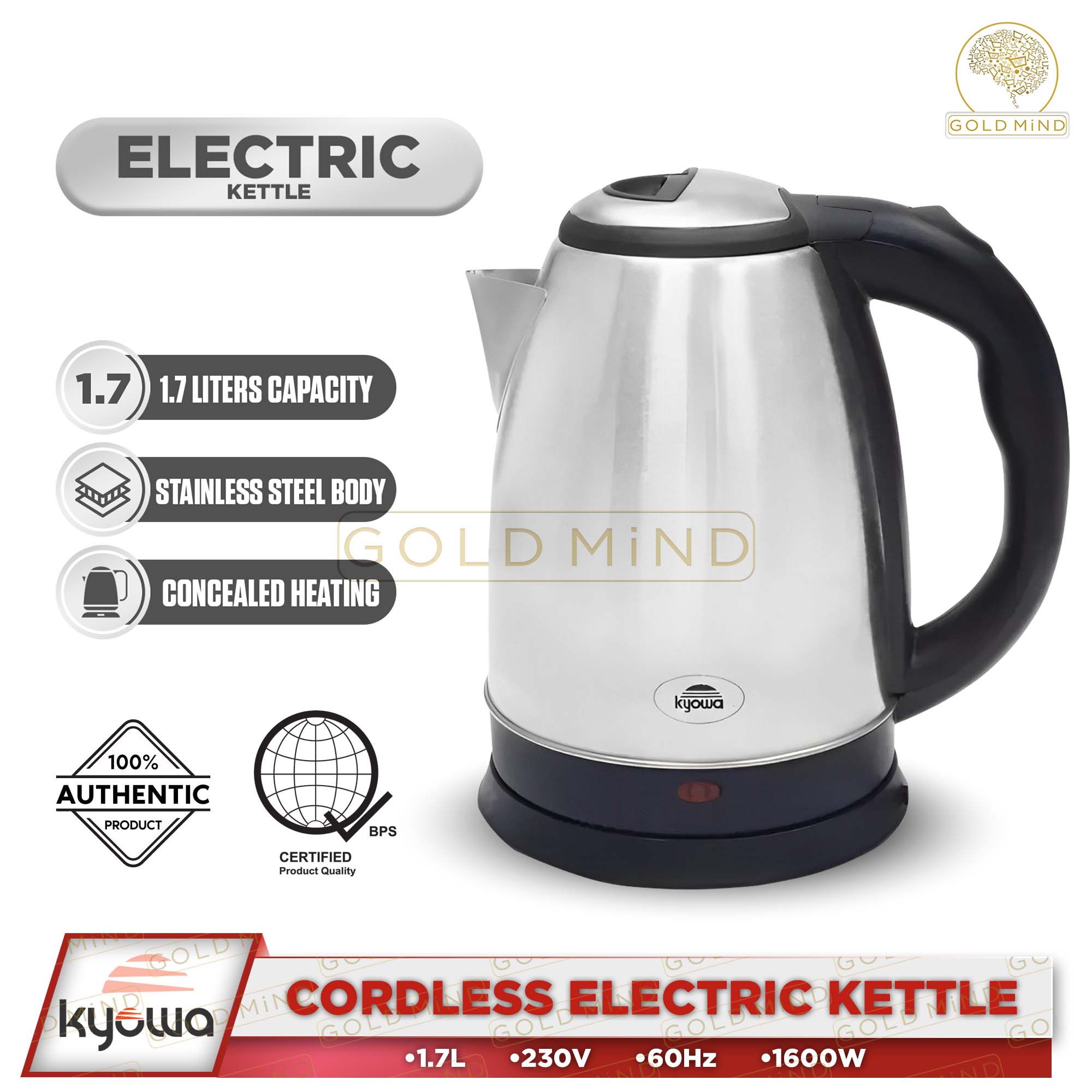 Kyowa Electric Kettle 1.7L 1600W Stainless Steel Body KW 1362 Gold Mind Everyday Low Price Lazada PH