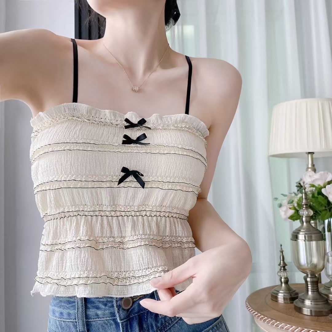 Summer bow lace suspender vest wears versatile comfortable and breathable slim underwear for women#8815 - Image 3