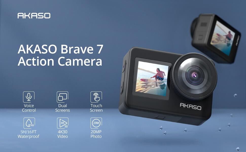 เกี่ยวกับ AKASO Brave 7 4K 30FPS 20MP WiFi Action Camera with Touch Screen Waterproof Camera EIS 2.0 Zoom St External Mic Voice Control with 2X 1350mAh Batteries Vlog Camera