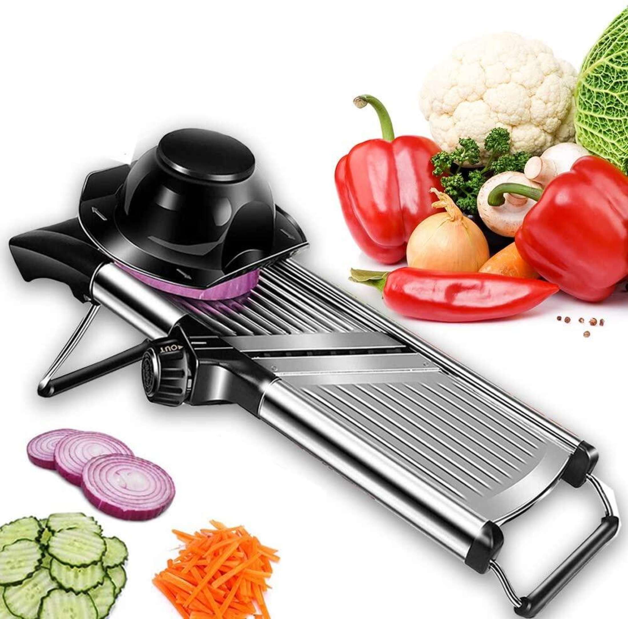 Adjustable Mandolin Slicer. For Cutting Food, Fruits And Vegetables.  Professional Grade Juliet Slicer. With Cut-resistant Gloves And Cleaning  Bru