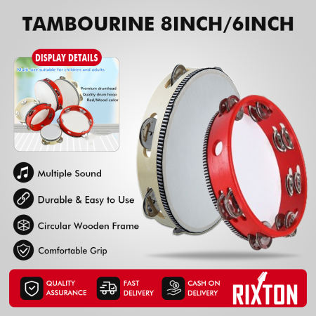 Rixton 8inch/6inch Tambourine Drum Musical Tambourine Round Percussion