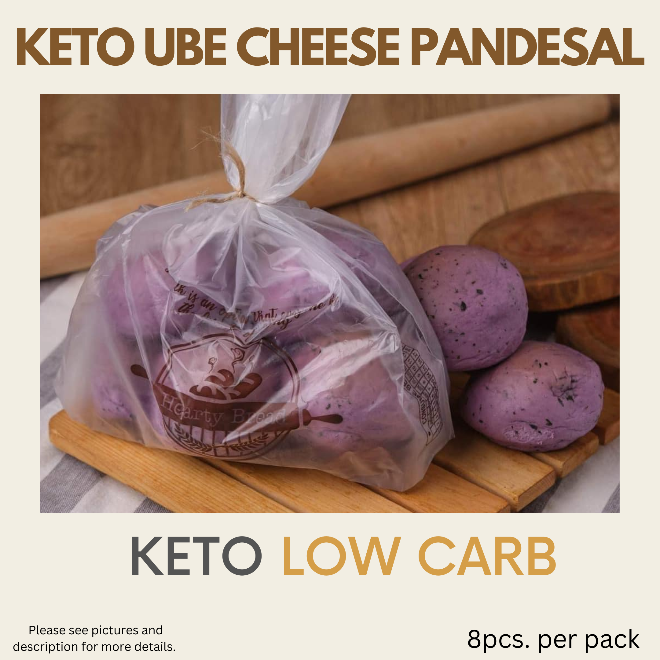 Keto Ube Cheese Pandesal - Keto and Low carb - 8pcs/pack - Made from Pure Almond Flour - Low carb - Gluten Free - Diabetic Friendly - Hearty Bread Product