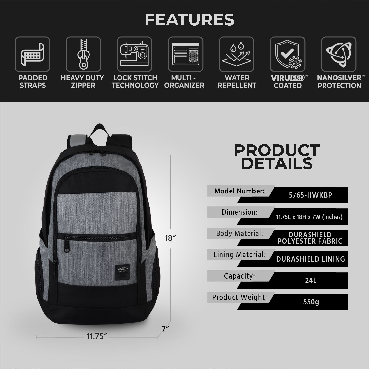 Hawk 5765 Lifestyle Backpack with VIRUPRO Anti Microbial protection Lazada PH