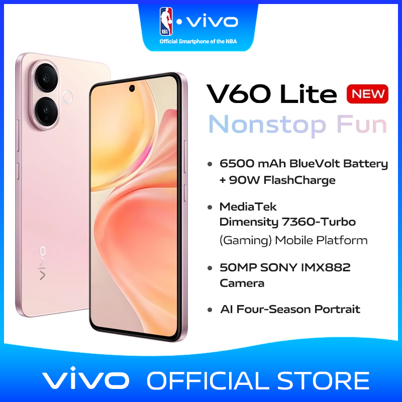 【AVAILABLE NOW】vivo V60 Lite cellphone丨6500mAh BlueVolt Battery+90W FlashCharge丨Media Tek Dimensity 7360-Turbo(Gaming)Mobile Platform丨50MP SONY IMX882 Camera丨AI Four-Season Portrait丨6.77-inch 120Hz AMOLED Display丨400% Volume Dual Stereo Speaker丨vivo AI