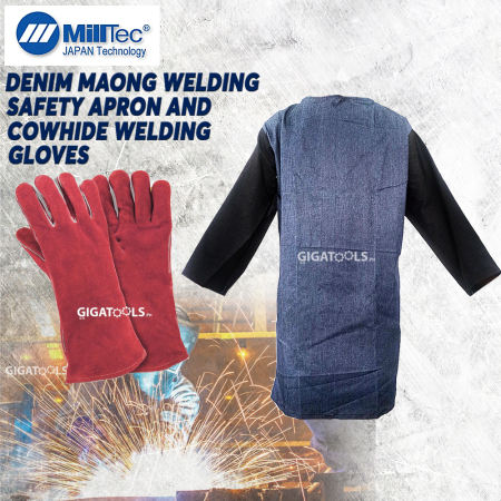 Milltec Denim Maong Workshop / Welding Apron with sleeves and with Cowhide safety welding Gloves with Variants