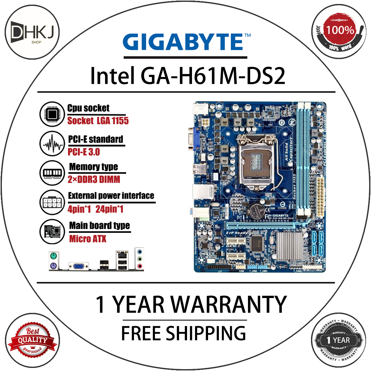 Used Gigabyte GA-H61M-DS2 motherboard H61M H61 DDR3 Lga 1155 pin motherboard M-ATX Core i7/Core i5/Core i3