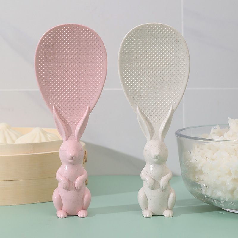 2Pcs Creative Cute Rabbit Non-Stick Rice Scoop,Bunny Shape Standable Rice Scooper,Household Rice Cooker Rice Spoon,Cartoon Rice Spoon Pink+Beige 