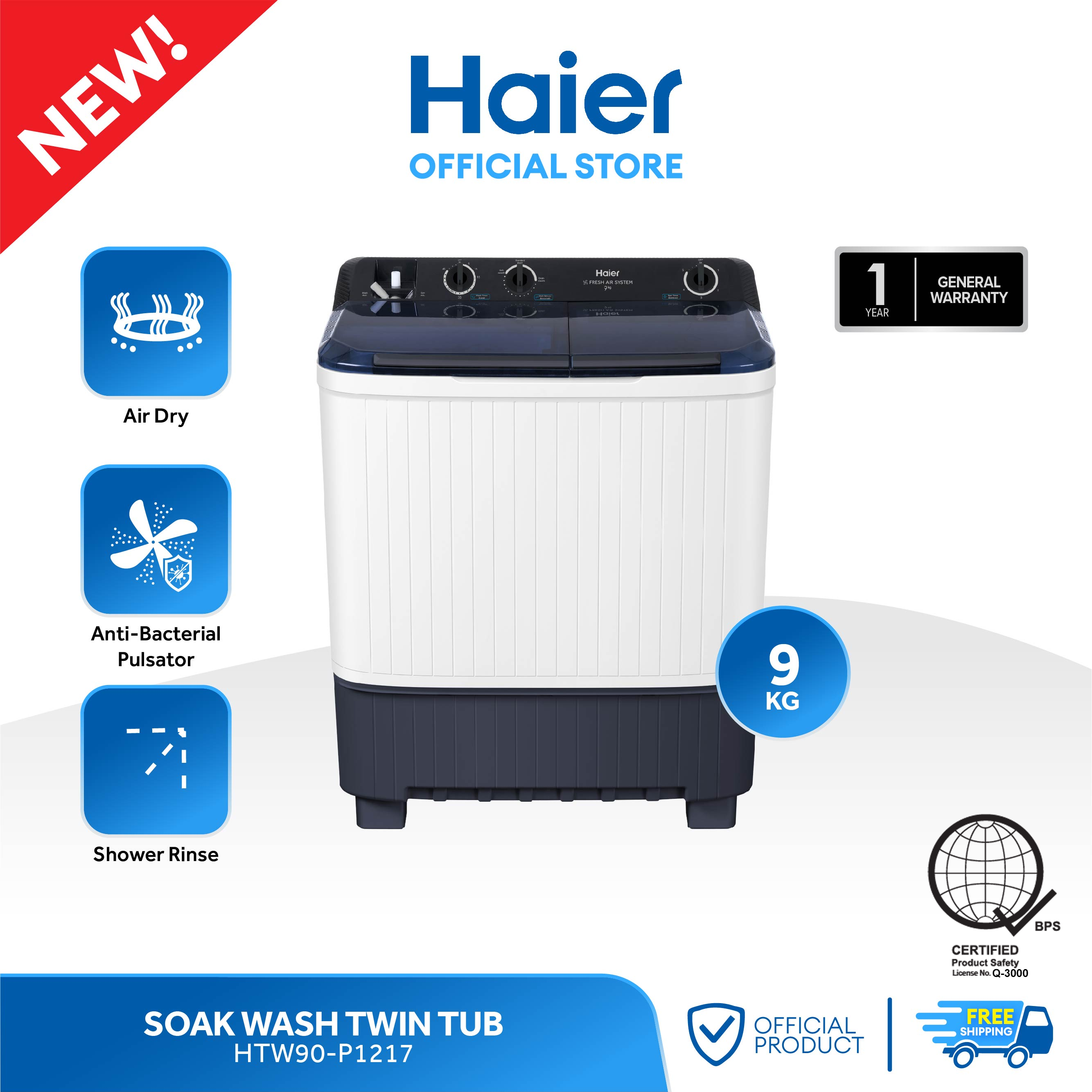 [NEW] Haier HTW90-P1217 9 kg Soak Wash Twin Tub Washing Machine with Dryer