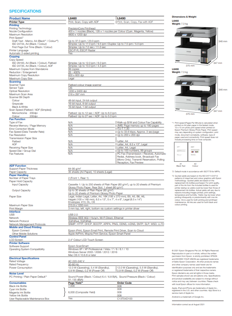 Epson EcoTank L6490 | Up to 17ipm | Economical ink tank system | Wi-Fi | A4 multifunction wifi printer