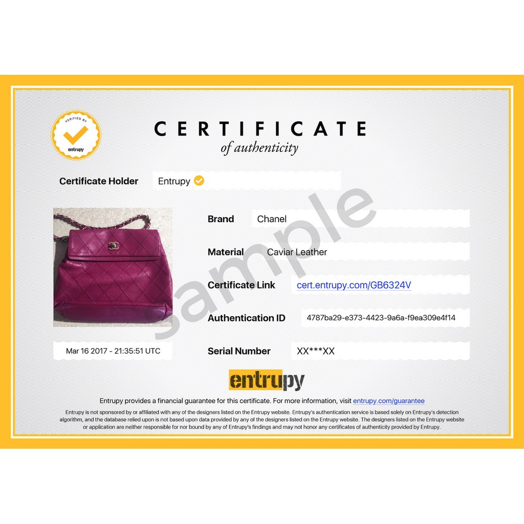 Certificate of Authenticity Entrupy Authenticate First Real