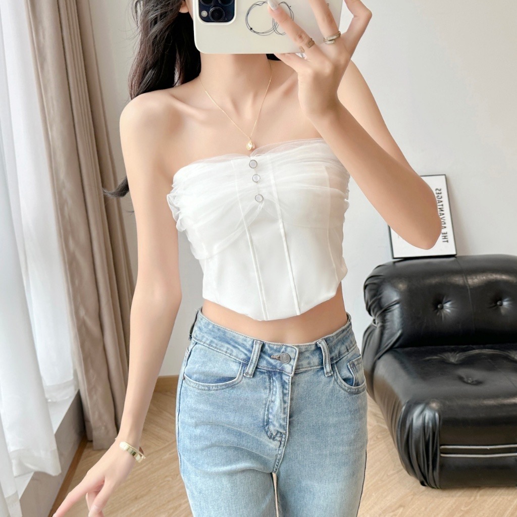 Mesh Off Shoulder 2024 Summer Elegant Lace Plain Tube Top Party Elegant Office Camisole Top Women#8802 - Image 4