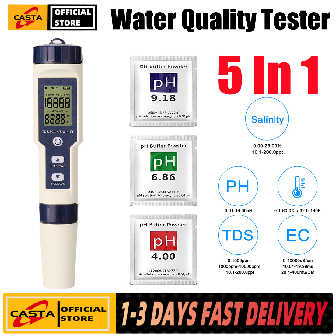 PH/TDS/EC/Salinity/Temperature 5-in-1 pH Meter with ATC 0.01 High Precision Water Quality pH Tester Digital, pH Measurement Range with 0-14, pH Meter for Water Household Drinking - Philippines