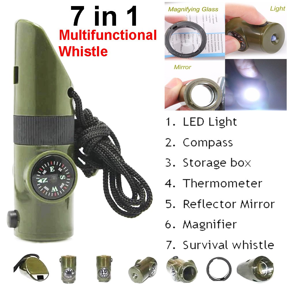 1pc 7 In 1 Multi-functional Outdoor Camping Whistle With Compass, Led  Light, Thermometer, Survival Whistle For Hiking And Emergency