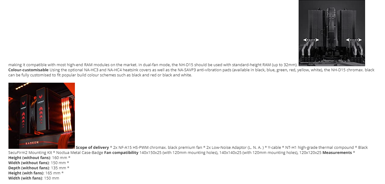 Noctua NH-D15 chromax.black, **NEW LGA 1700 support** 140mm dual-tower CPU cooler (Black) for Intel and AMD NH D15 Chromax Black - NH-D15 CH.BK