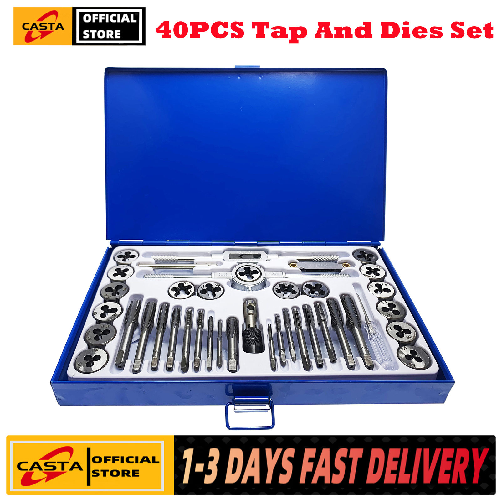 【COD + local seller】40pcs Tap Die Set M3-M12 Screw Thread Metric Taps Wrench Dies DIY Kit Wrench Screw Threading Hand Tools Alloy Metal With Case Coarse and Fine Threads Essential Threading Rethreading Tool Kit