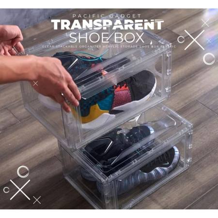 Magnetic front drop acrylic large size shoe box is portable and easy to install