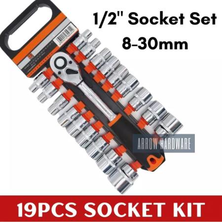 19pcs 1/2 Drive Socket and Ratchet Wrench Tools Set 8-30mm