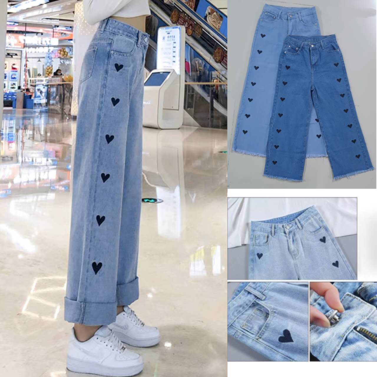 Women Korean High Waist Jeans Loose Wide Leg Straight Pants 25-32