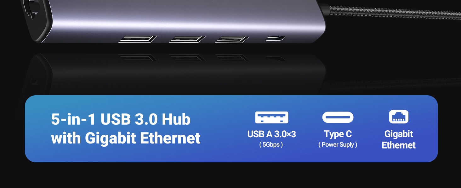 HUB USB UGREEN 5 EN 1 RJ45 - USB 3.0 X3 - USB-C (60554)