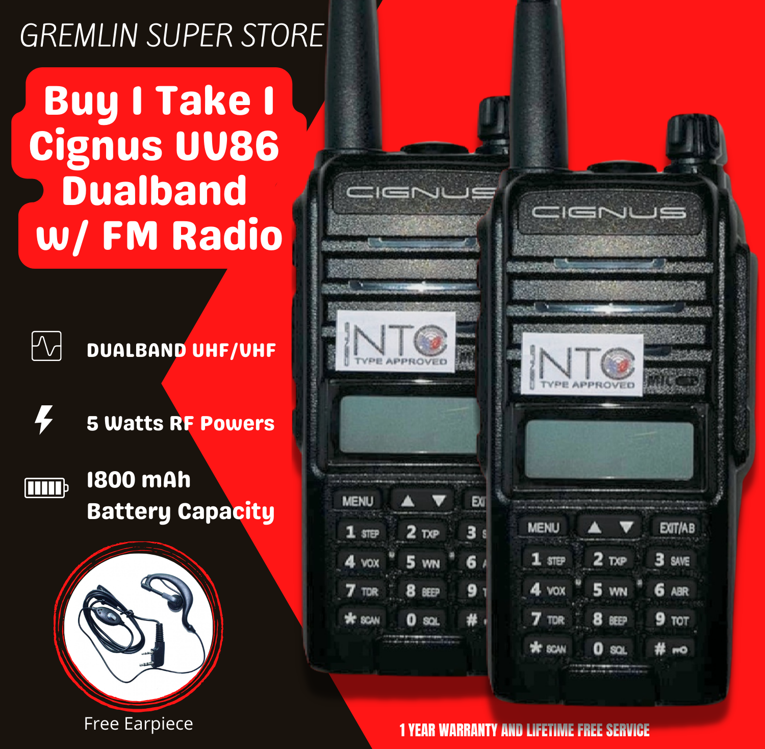 Cignus UV86 Dualband Walkie Talkie with Free Earpiece