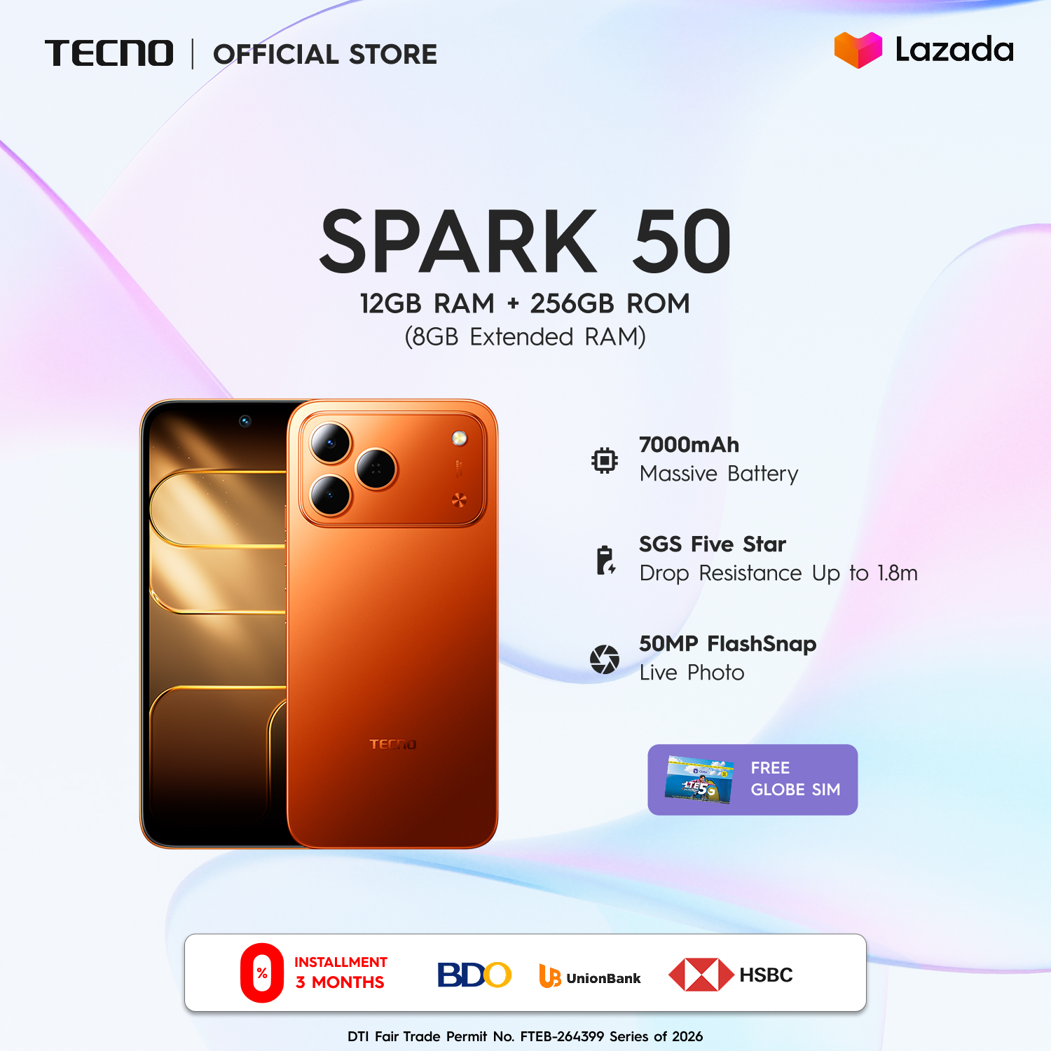 TECNO SPARK 50 12GB (4+8)+256 / 7000mAh Mega Battery / 50MP FlashSnap Live Photo / SGS Five-Star & IP64