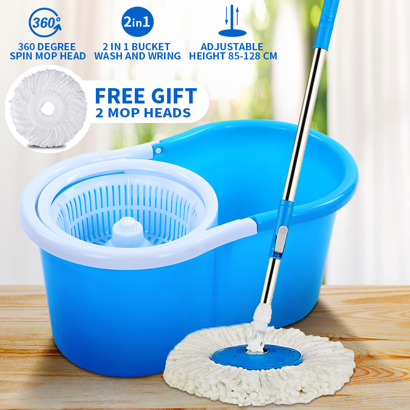 360° FLOOR MAGIC SPIN MOP BUCKET SET MICROFIBER ROTATING DRY HEADS WITH 2  HEADS