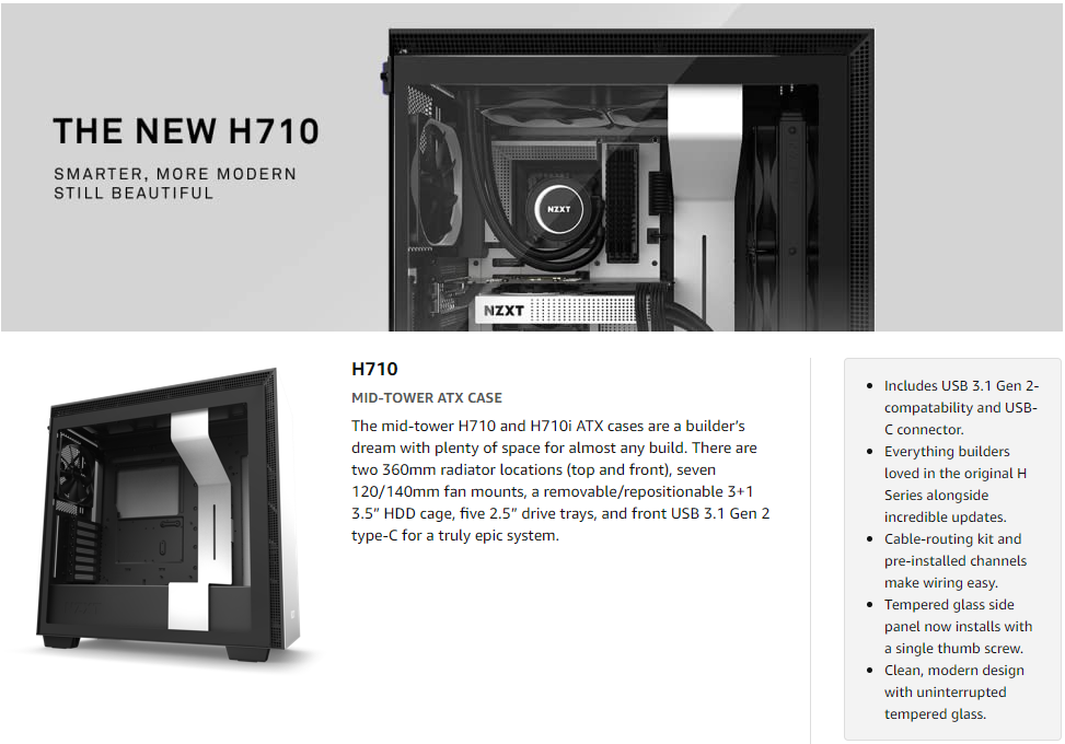 NZXT H710 - CA-H710B-B1 - ATX Mid Tower PC Gaming Case - Front I/O USB Type-C Port - Quick-Release Tempered Glass Side Panel - Cable Management System - Water-Cooling Ready - Black/Black