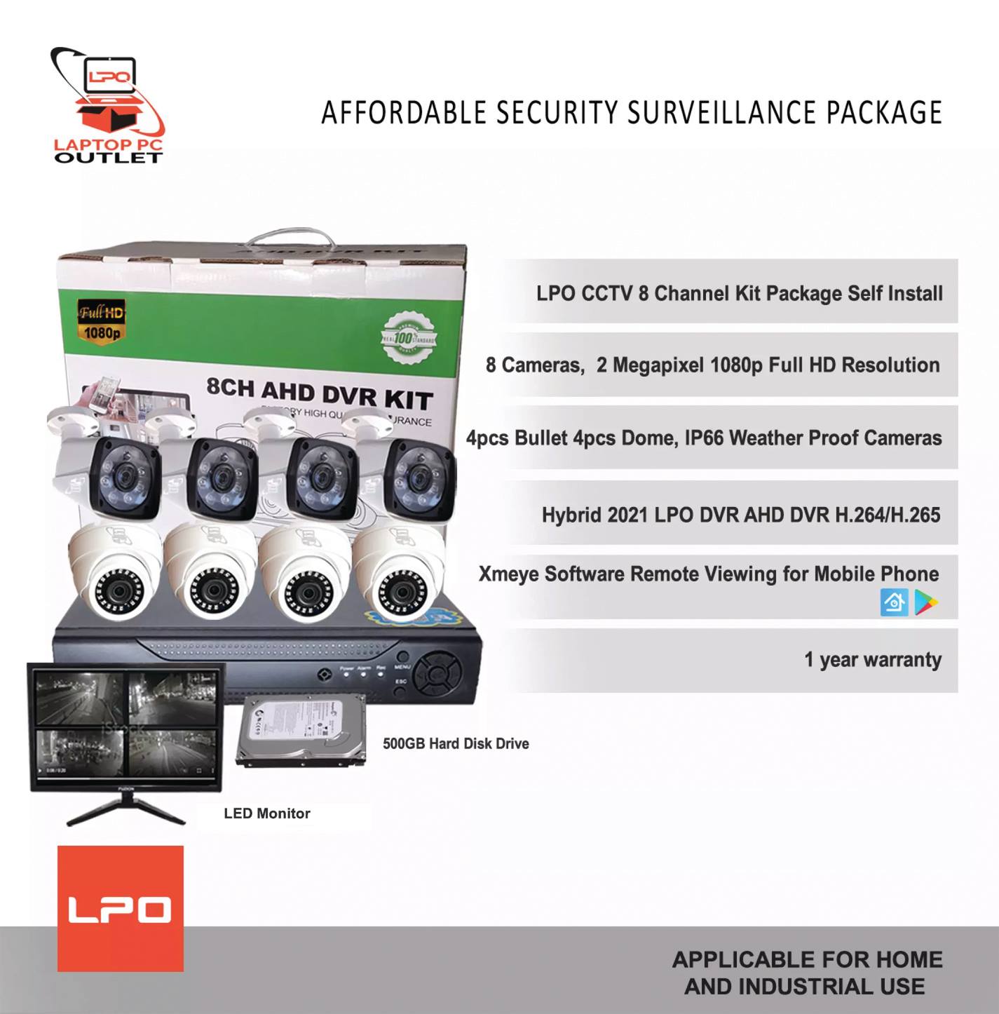 LPO CCTV Security Camera Channel 2MP Full HD Complete Package Cameras  with DVR LPO brand 500GB HDD 19 inches monitor - Main Image