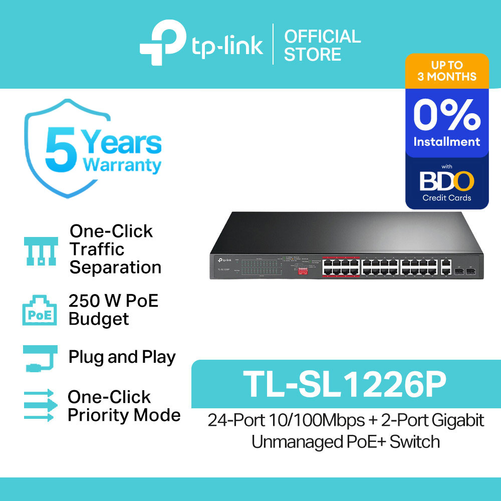 TP-Link Official Store / TL-SL1226P / 10/100Mbps 24-Port + 2-Port Gigabit Unmanaged PoE+ Desktop Network Ethernet Switch Hub for Internet