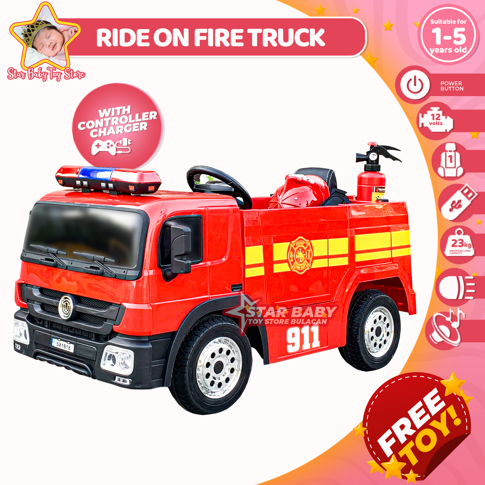 Star Baby Rechargeable Ride On Fire Truck for Kids