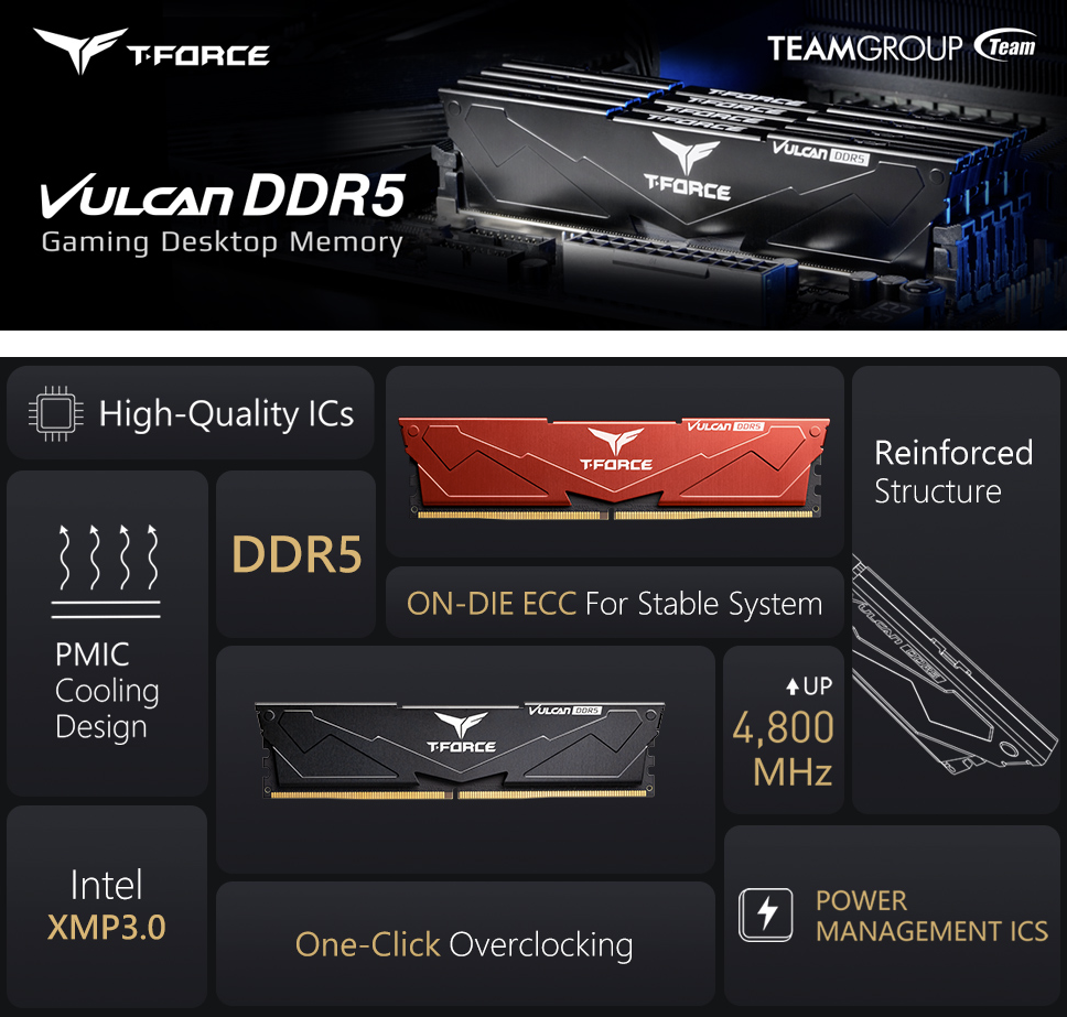 TEAMGROUP T-Force Vulcan DDR5 32GB Kit (2x16GB) 5200MHz (PC5-41600) CL40 Desktop Memory Module Ram (Black) for Z690 FLBD532G5200HC40CDC01