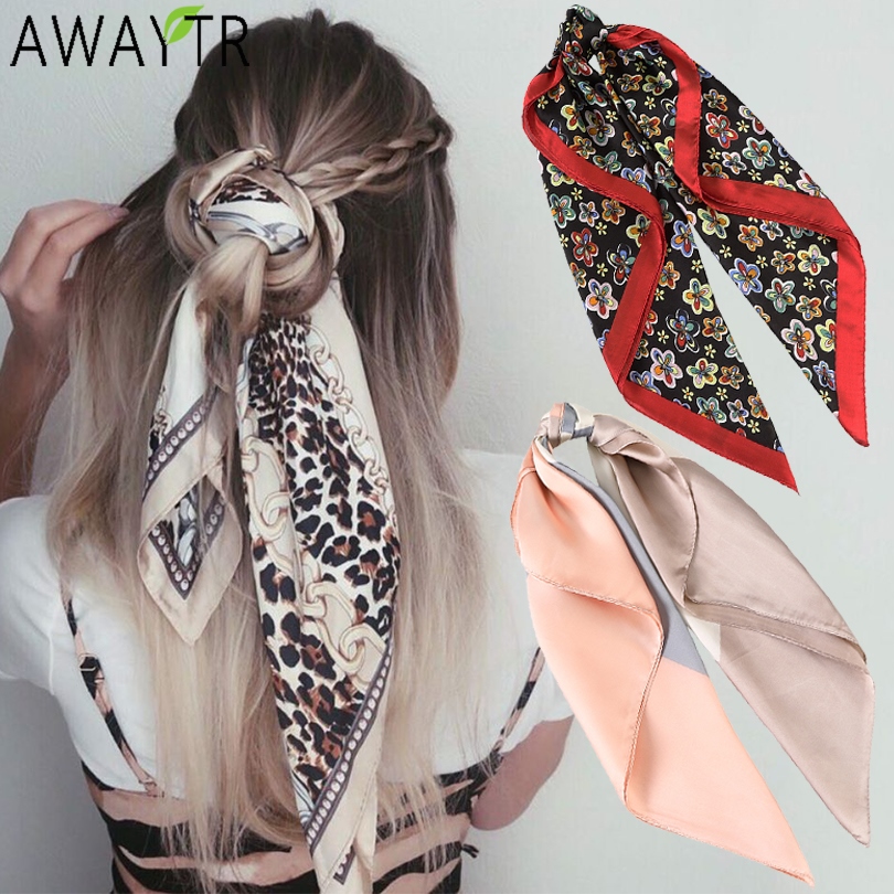 New 70x70cm Women Silk Scarf Elegant Stripes Printed Casual Satin Hijab  Small Square Wraps Scarves Shawl Hair Bandana Head Band