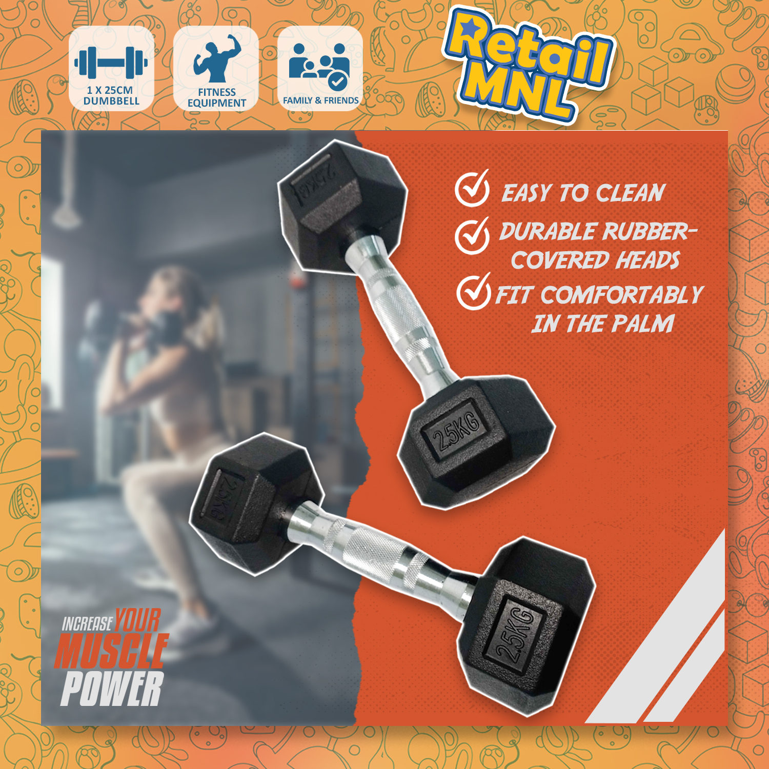 Rubberized Hex Dumbbell With Metal Handle Anti-Skid Safety