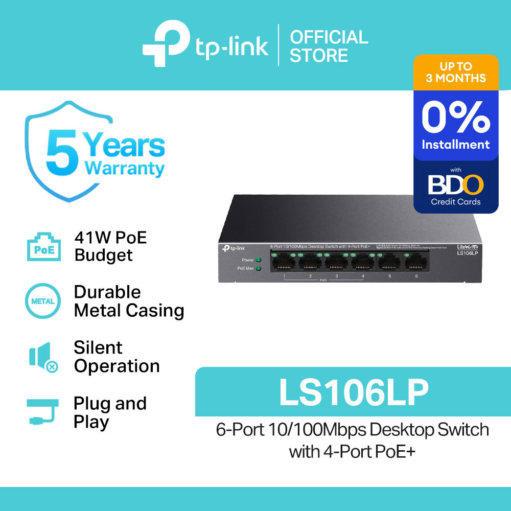 TP-Link Official Store / LS106LP / 6-Port 10/100Mbps with 4-Port PoE+ Desktop Network Ethernet Switch Hub for Internet