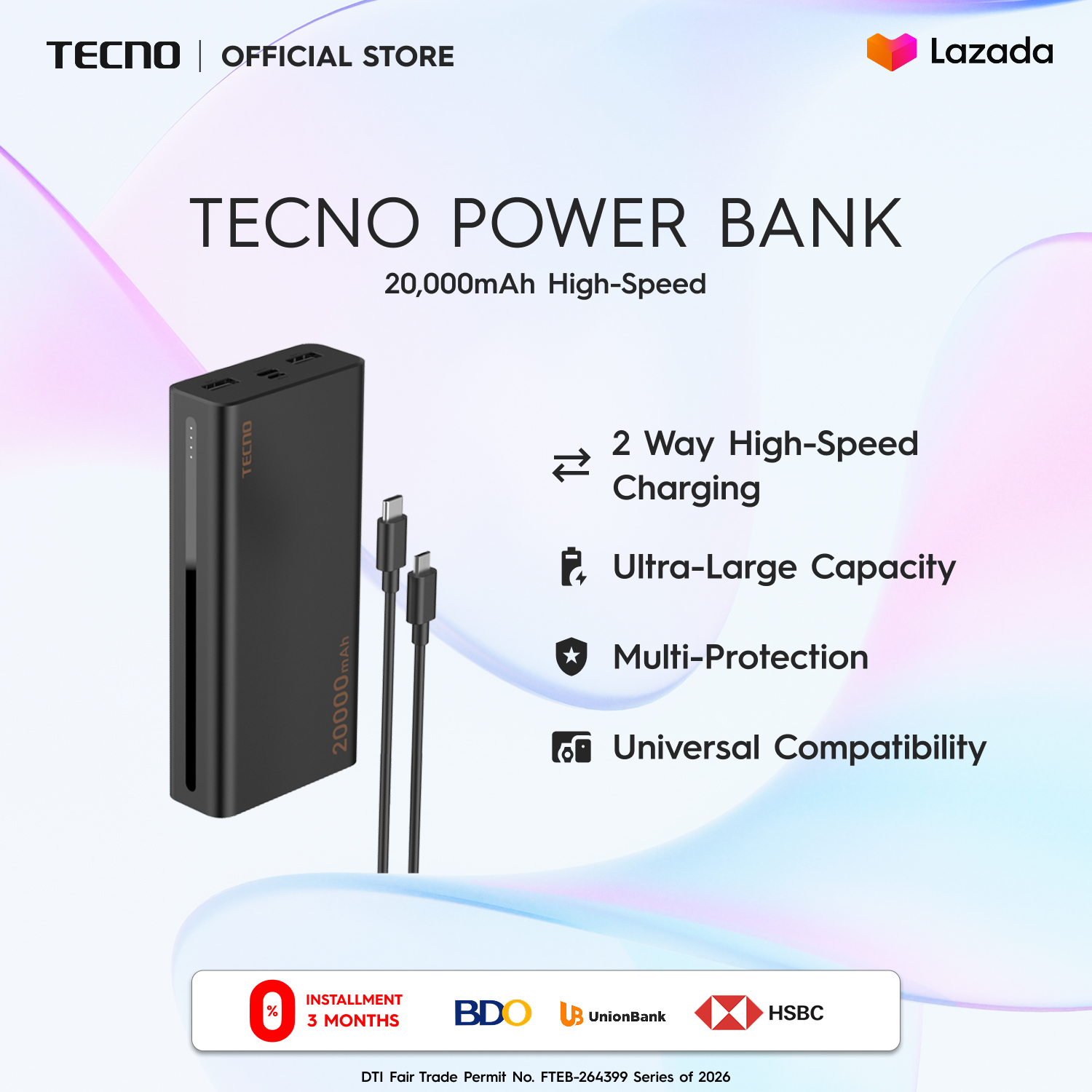 TECNO POWERBANK (TPB-202)/ 20000mAh Ultra Large Capacity/ USB PORT 5V/2.1A OUTPUT/ 5V/2A INPUT/10.5W