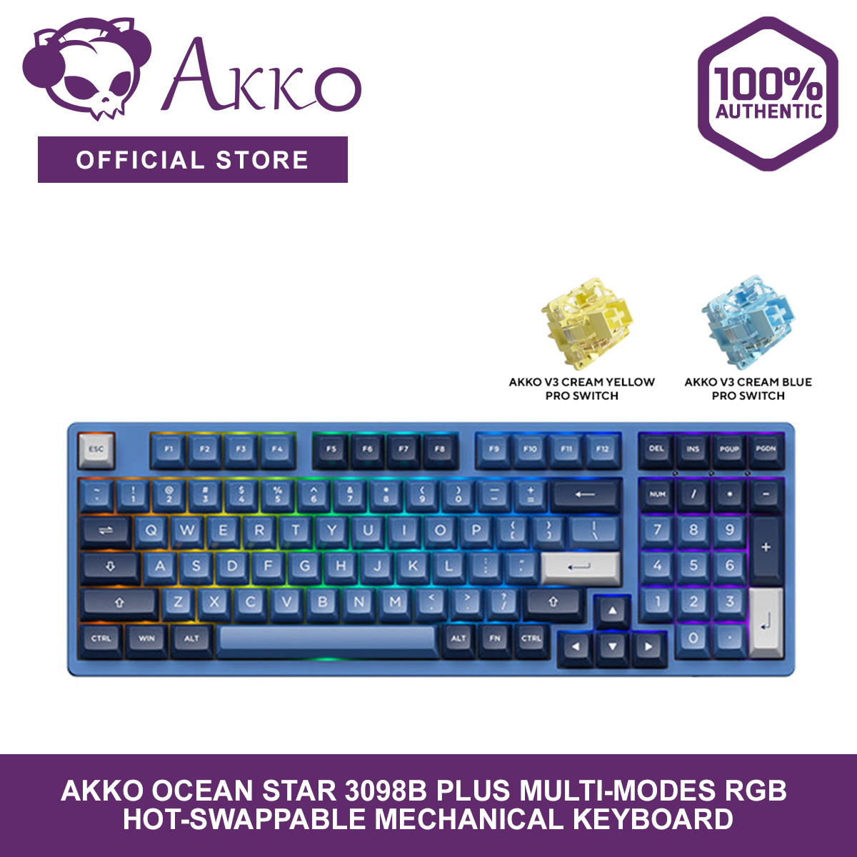 Akko 3098N Hot-swappable Mechanical Keyboard with 2.4G  Wireless/Bluetooth/Wired Connectivity and Customizable RGB Backlight, Blue  on White Gaming