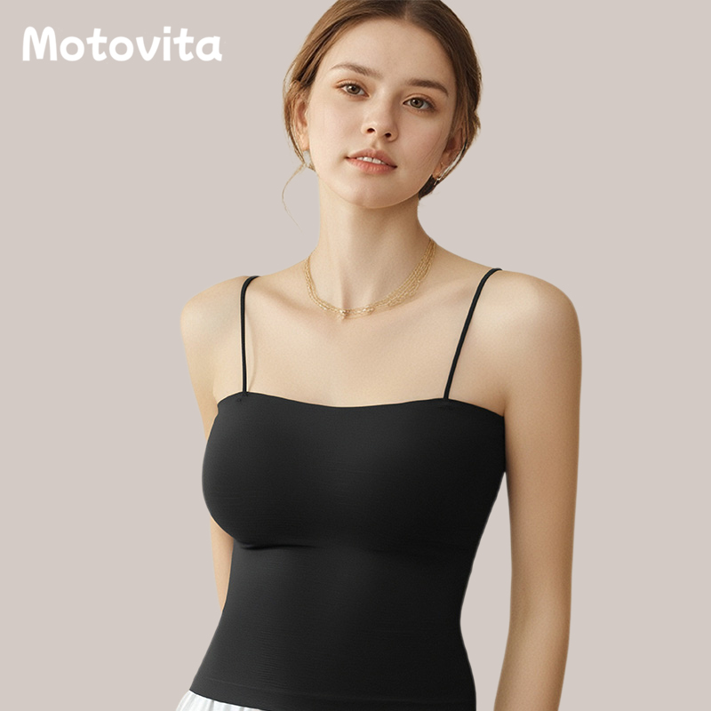 Motovita Summer Fashion Strap Top Ice Silk Beauty Back Solid Camisole Top For Women Sexy Slim Tops Ladies Padded Tank Tops