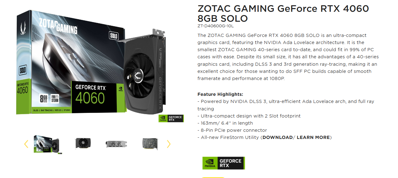  ZOTAC Gaming GeForce RTX 4060 8GB Solo DLSS 3 8GB GDDR6 128-bit  17 Gbps PCIE 4.0 Super Compact Gaming Graphics Card, ZT-D40600G-10L :  Electronics