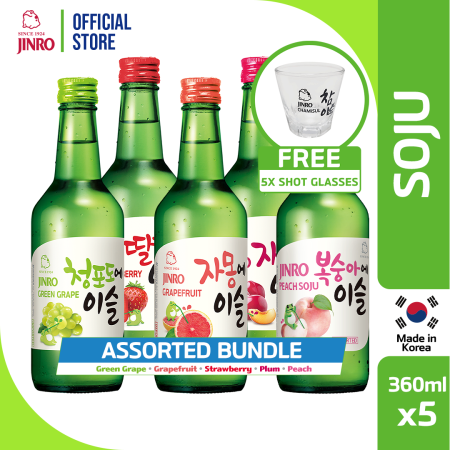 Jinro Assorted Flavors Soju 360 ml Pack of 5 Free 5 Shot Glasses