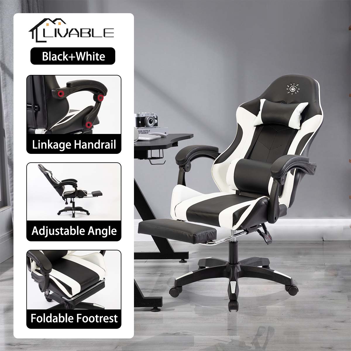 LIVABLE Adjustable Gaming Chair Ergonomic Office Chair with Footstool E-sports Reclining Chair Leather Computer Chair - Image 2