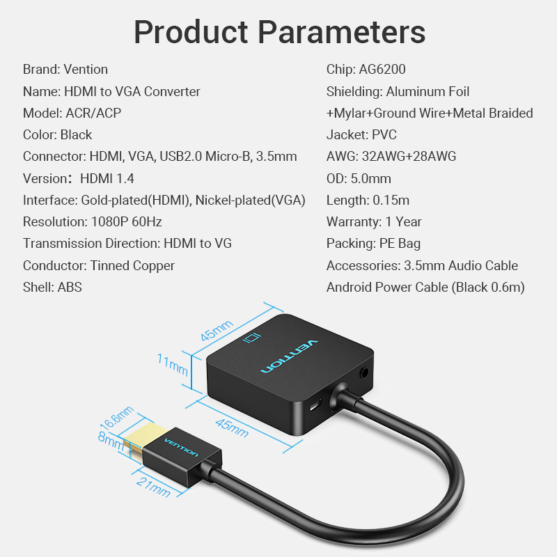 VENTION HDMI to VGA Adapter, Full HD @60Hz, 3.5mm Audio