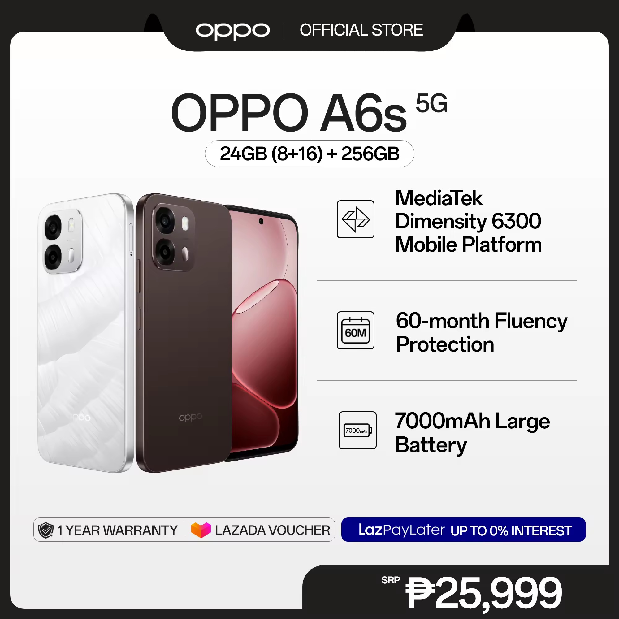 [NOW AVAILABLE] OPPO A6s 5G 24GB (8+16) + 256GB / MediaTek Dimensity 6300 / 60-month Fluency Protection / 7000mAh Large Battery / 80W SuperVOOC Flash Charge / IP69 Water and Dust Resistance / SuperCool VC System