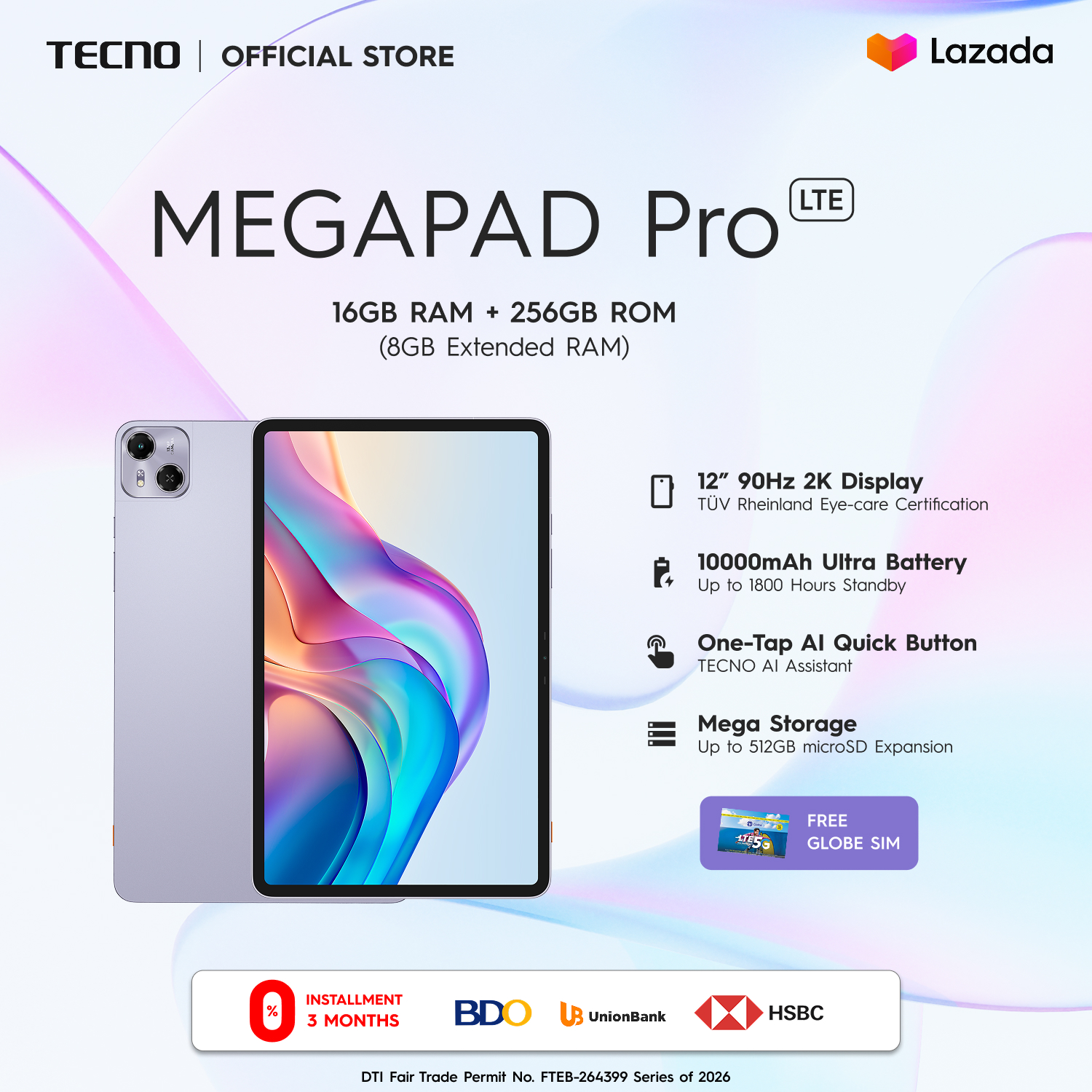 TECNO MEGAPAD Pro 8GB RAM with 256GB ROM 8GB Extended RAM 12inches Mega Display 90Hz Refresh Rate 10000mAh